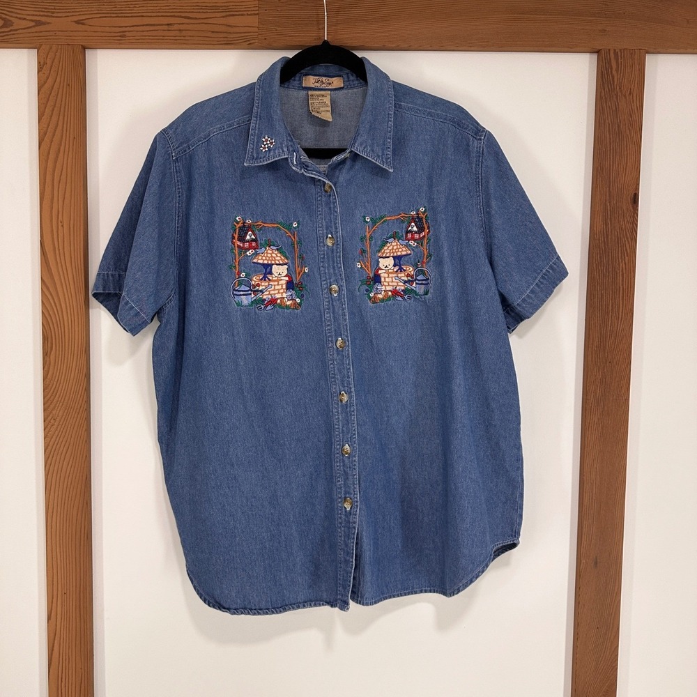 Just My Size Embroidered Garden Teddy Bear Denim Shirt Women 18W/20W Cottagecore